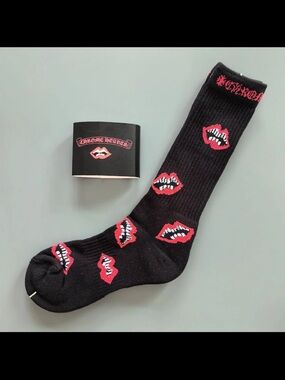 Chrome Hearts Black Crew Socks with Red Lip Motif